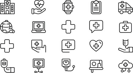 Black Line Medical Icons Healthcare Symbols Hospital Clinic First Aid Cross Heart Rate Monitor Ambulance