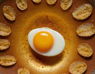 Gourmet Egg Delight: A visually appealing culinary composition features a perfectly cooked egg, accompanied by meticulously arranged, artfully prepared snacks, on a golden plate. Ai generated image