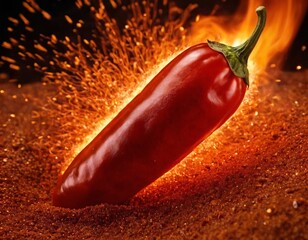 Fiery Chili Pepper: A vibrant red chili pepper radiates intensity, as if bursting with heat and flavor, enhanced by a ring of fire around it. Ai generated image