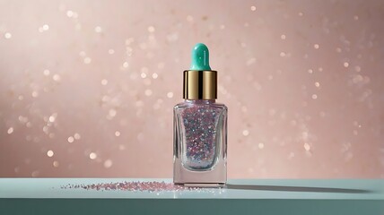 Square Glitter Serum Bottle with Teal Dropper on Light Blue Surface with Sparkling Bokeh Background