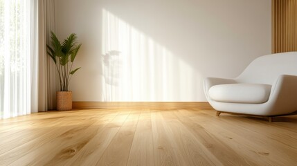 A serene living room with a cozy white chair, wooden floor, and a lush green plant, illuminated by soft natural light creating a peaceful and minimalistic atmosphere.