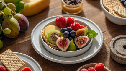 Fresh figs, kiwi, raspberries, and blueberries served with crackers on a rustic wooden table. Vibrant and healthy fruit snack setup.