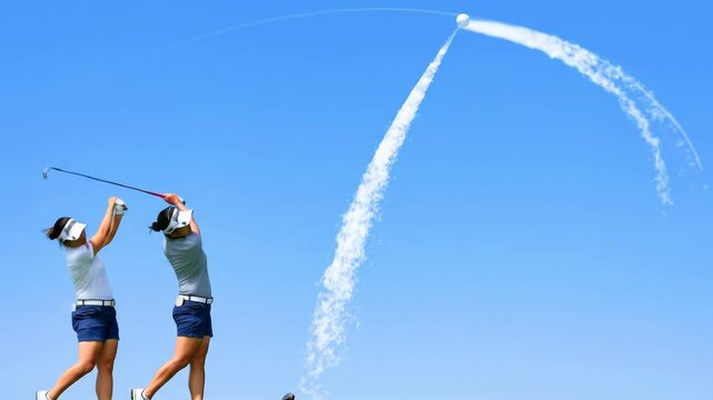 Two female golfers swinging in unison on a sunny day, with a golf ball soaring through the sky