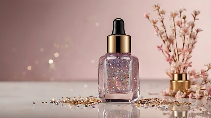 Elegant Glitter Serum Bottle with Floral Accents on White Surface with Bokeh Background for Beauty Products