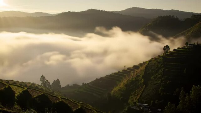 Foggy Sunrise Illuminating Lush Green Terraced Hillsides in Agricultural Landscape