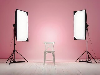 Studio Setup with Softbox Lighting and White Chair Against a Pink Backdrop for Portrait Photography
