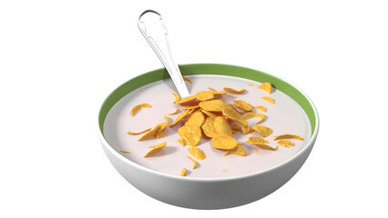 A bowl of cereal with milk and a spoon, ready for breakfast.