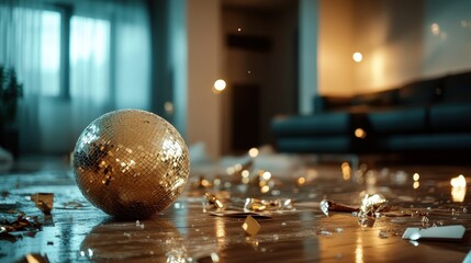 A sparkly disco ball sits amidst a chaotic scene of confetti and festive debris, capturing the essence of a lively celebration that has just ended with vibrant colors and sparkling lights.