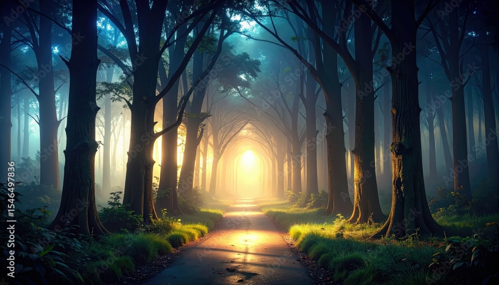 Poster winding forest path at dawn with mist and light filtering through trees