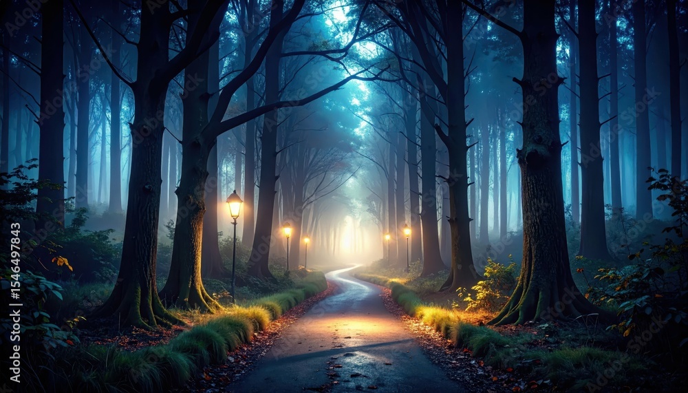 Poster winding path through forest at dawn with mist and flickering lights