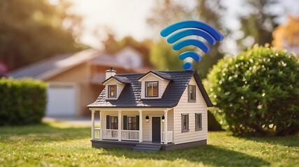 Connected Living A Miniature House with a Strong Wireless Signal in a Lush Green Garden Setting