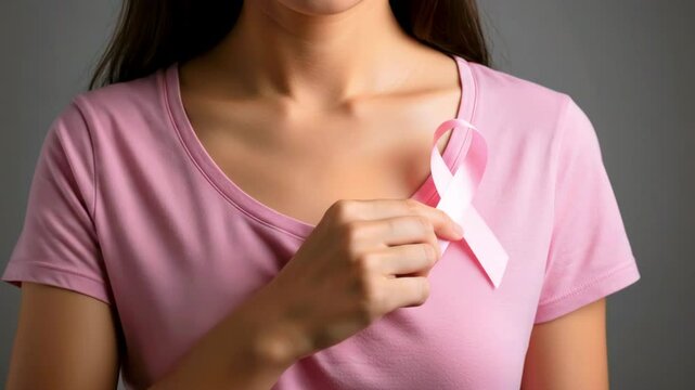 Woman in pink shirt holding a pink ribbon, symbolizing breast cancer awareness and support