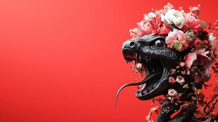 A creatively designed black snake emerges from a vivid backdrop, intertwined with vibrant flowers, representing the duality of nature's beauty and danger in a striking contrast.