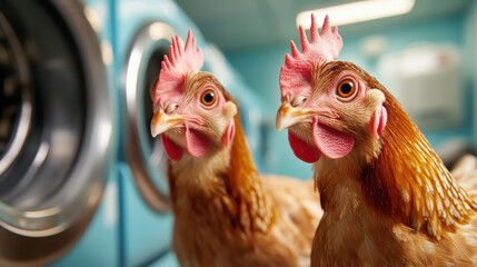 Fototapeta premium Two chickens curiously peering into a colorful laundry room, creating a whimsical and amusing contrast between farm life and domestic space in a vibrant setting.