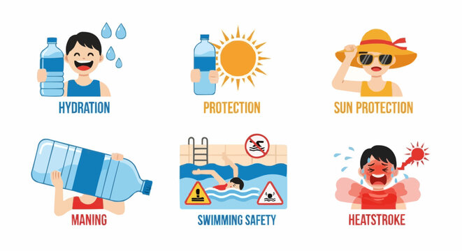 Summer sun protection infographic – tips and icons for staying safe in the heat, UV safety and skin care concept.