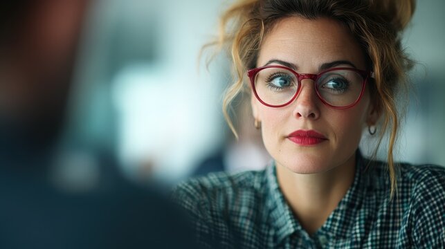 A young woman with curly hair and glasses gazes directly at the viewer, conveying confidence and approachability, showcasing contemporary urban lifestyle.