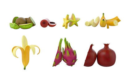 A colorful assortment of various fruits, including bananas, dragon fruit, and starfruit, showcasing their vibrant appearances.