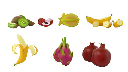 A colorful assortment of fruits including kiwi, lychee, starfruit, bananas, dragon fruit, and pomegranates.