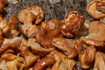 Hot mushroom dish – chanterelles fried with onions in oil. A fragrant dish of fried chanterelles...