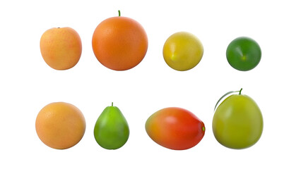 A variety of fruits arranged in two rows, showcasing different shapes and colors for visual appeal.