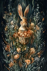 illustration of animal in vintage boho style. hare on background of plants and flowers. botanical drawing style. Postcard. notebook cover, print concept. scrapbooking wallpapers. digital art
