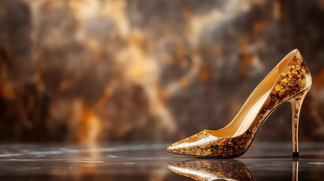 A beautifully crafted golden high heel shoe stands elegantly against a blurred background, symbolizing fashion, style, and sophistication.
