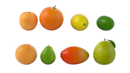 A vibrant assortment of fruits including grapefruit, lemon, lime, and mango, showcasing their natural colors and shapes.