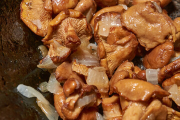 Hot mushroom dish – chanterelles fried with onions in oil. A fragrant dish of fried chanterelles and onions in a frying pan. A close–up of fried chanterelles is a simple and delicious meal.