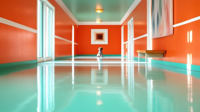 A calm dog sits thoughtfully in a bright orange hallway, creating a charming and vibrant atmosphere that radiates warmth and comfort in design.