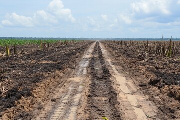 Muddy Road Through a Harvested Sugarcane Field Under a Partly Cloudy Sky