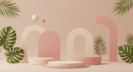Pastel display podiums with tropical foliage