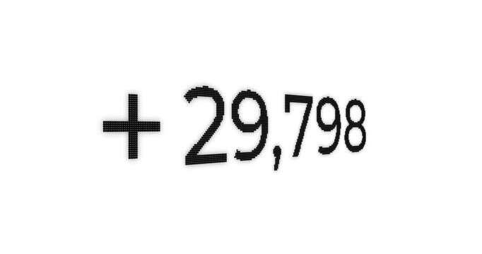 Video of a number counting from 0 to 1,000,000 in ascending order with a plus symbol icon in white letters on a white background in digital style