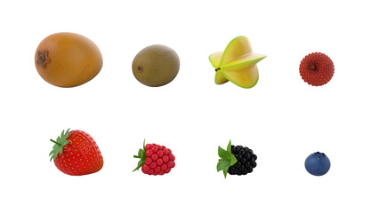 A variety of fruits displayed, including a mix of tropical and berries, showcasing their vibrant colors and shapes.