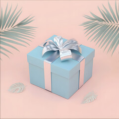 Cute 3D Realistic Blue Gift Box With Silver Ribbon