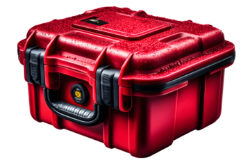 Durable red cooler box with molded handles, captured on white background and clipped for transparent PNG use