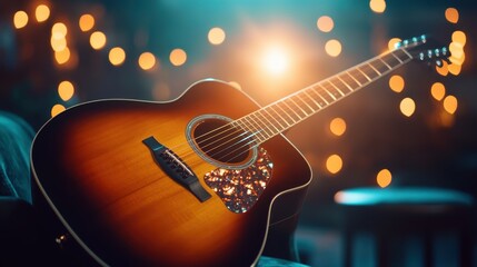 Obraz premium An artistic capture of an acoustic guitar illuminated by soft, glowing lights against a bokeh background, highlighting the beauty of music and creativity.