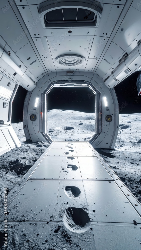 Aufkleber abandoned space lab crater with open airlock and footprints