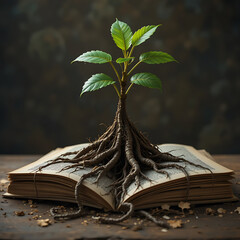 Ancient, open book resting on a tree, symbolizing the magic of nature and the wisdom of learning
