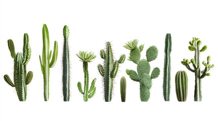 Collection of Tall Green Cactus Plants in Different Sizes, Showcasing Desert Flora, Isolated on a Clean White Background.
