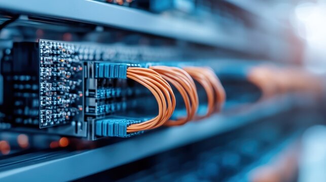 A close-up image showcasing high-tech network equipment with cables, emphasizing the complexity and sophistication of modern technology infrastructure.