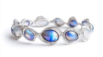 Elegant Silver Moonstone Bracelets, Stunning Jewelry Piece with Iridescent Stones, Isolated on a Clean White Background.