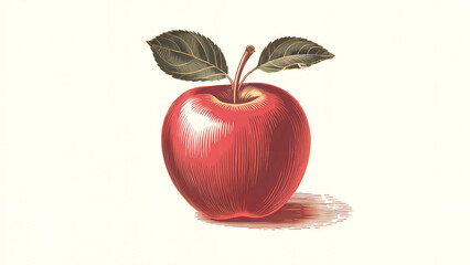 Engraved illustration of a red apple with leaves