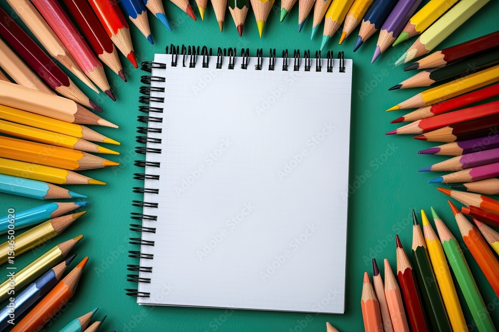 Aufkleber detailed color image of open notebook with blank pages surrounded by pencils