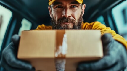 A smiling delivery man in a yellow uniform holds a package towards the camera, embodying the essence of convenience and reliability in parcel delivery services today.