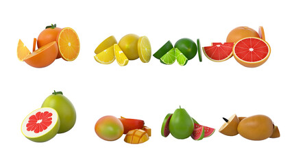 A colorful assortment of sliced fruits including oranges, limes, grapefruits, pears, and mangoes, showcasing vibrant textures.