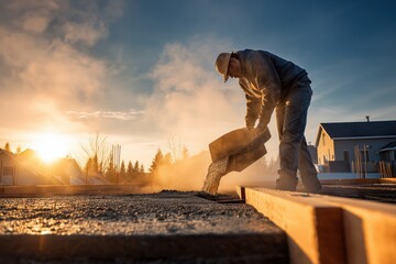 Construction worker pouring concrete at sunrise on a building site in early morning light