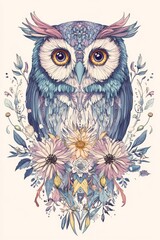 Fototapeta premium illustration of animal in vintage boho style. owl on background of plants and flowers. botanical drawing style. Postcard. notebook cover, print concept. scrapbooking wallpapers. digital art