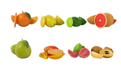 A colorful assortment of fruits, including citrus and tropical varieties, displayed in a vibrant and appealing manner.