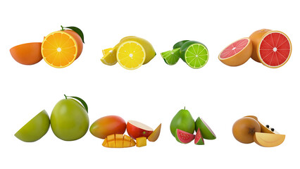 A colorful assortment of various fruits, including oranges, lemons, limes, grapefruits, mangoes, and guavas, displayed for visual appeal.