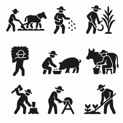 Fototapeta premium A collection of nine line art icons depicting various aspects of peasant life